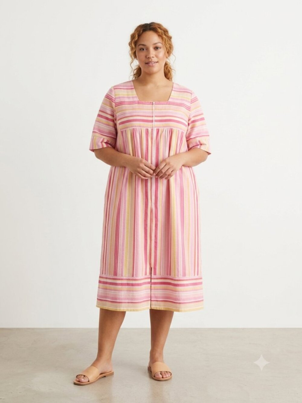 Casual Nights House Dress Pink Yellow Stripes Lounge Casual Midi Shift 3X